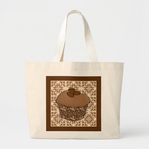 Mocha  Coffee Frosted Cupcake Lace Background Large Tote Bag