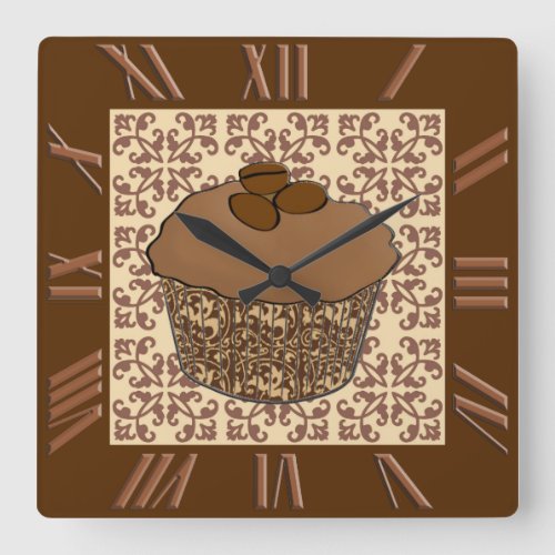 Mocha  Coffee Frosted Cupcake Lace Background Square Wall Clock