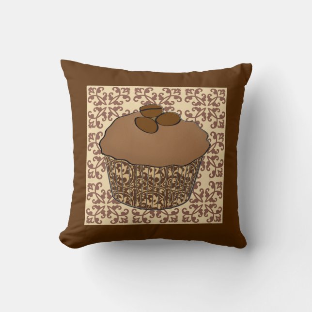 Mocha / Coffee Frosted Cupcake, Lace Background Throw Pillow (Front)