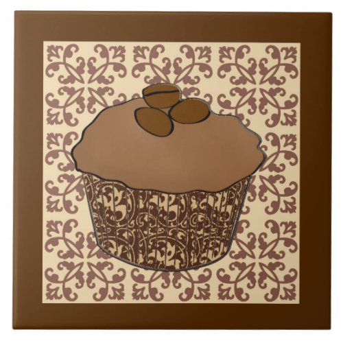 Mocha  Coffee Frosted Cupcake Lace Background Tile