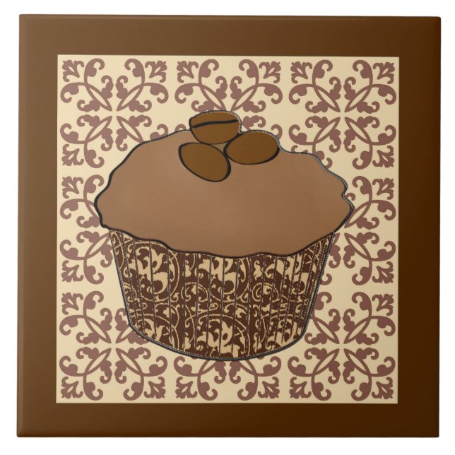 Mocha / Coffee Frosted Cupcake, Lace Background Tile (Front)