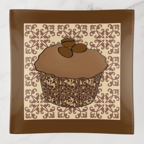 Mocha  Coffee Frosted Cupcake Lace Background Trinket Tray