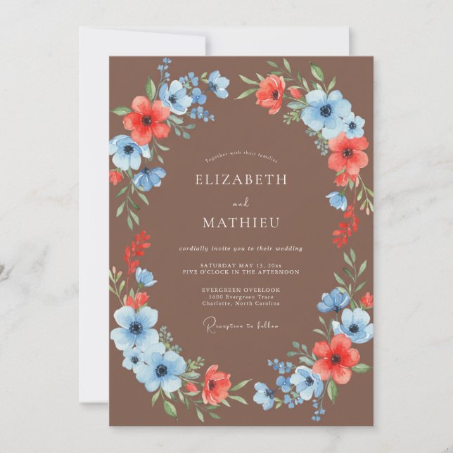Mocha Cornflower Wreath Wedding Invitation (Front)