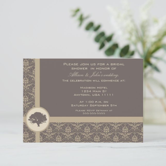 Mocha Damask Oak Bridal Shower Invitation (Standing Front)