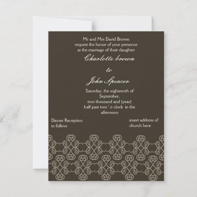 Mocha damask wedding invitation (Front)