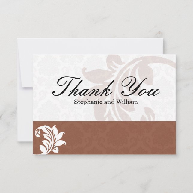 Mocha Damask Wedding Thank You Card (Front)