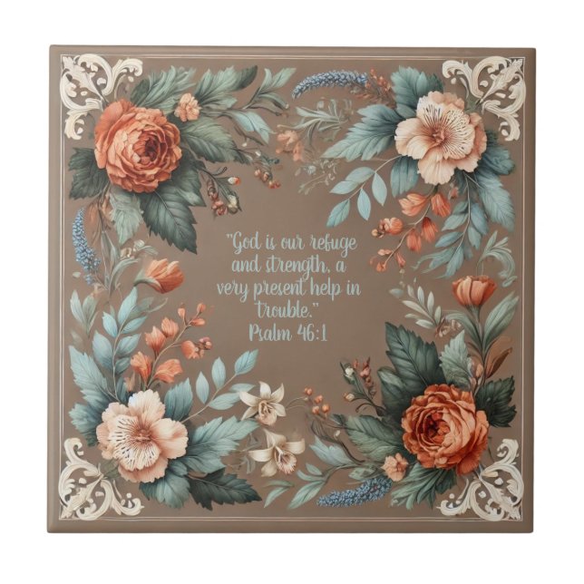 Mocha Floral Bible Verse Customizable Ceramic Tile (Front)