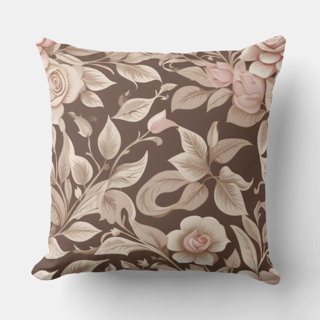 Mocha Floral Garden Throw Pillow (Front)