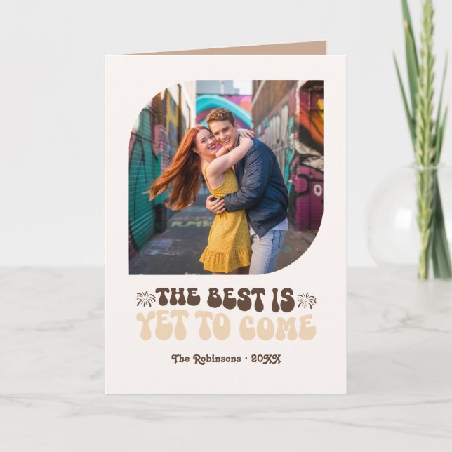 Mocha Glow Champagne Retro New Year Photo Holiday Card (Front)