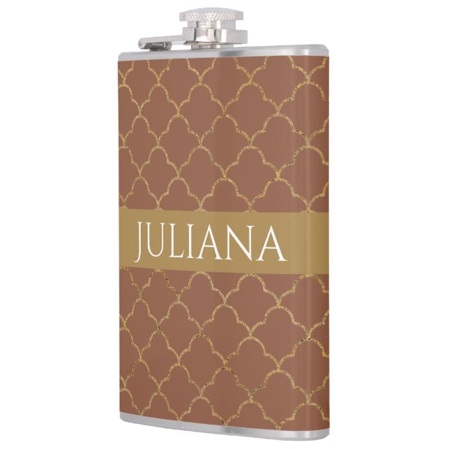 Mocha Gold Quatrefoil Personalized  Flask (Left)