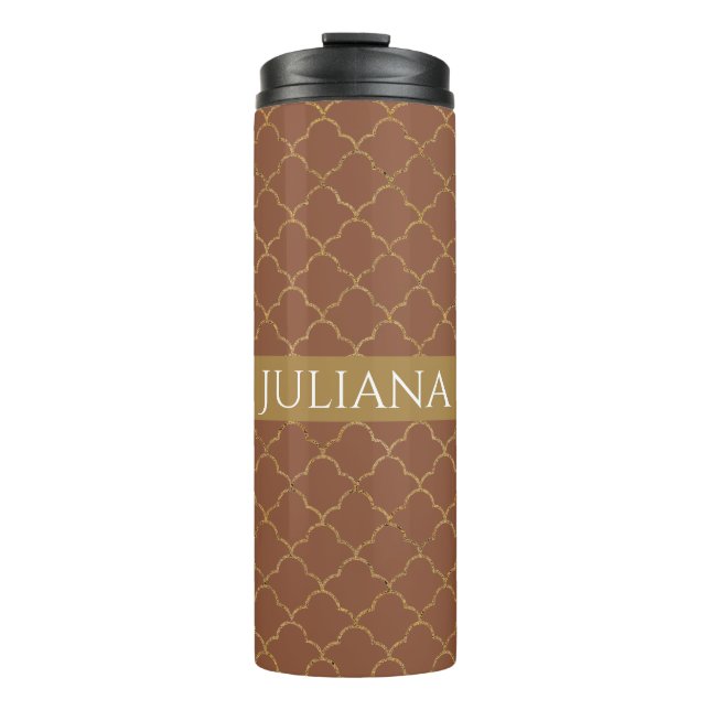 Mocha Gold Quatrefoil Personalized  Thermal Tumbler (Front)