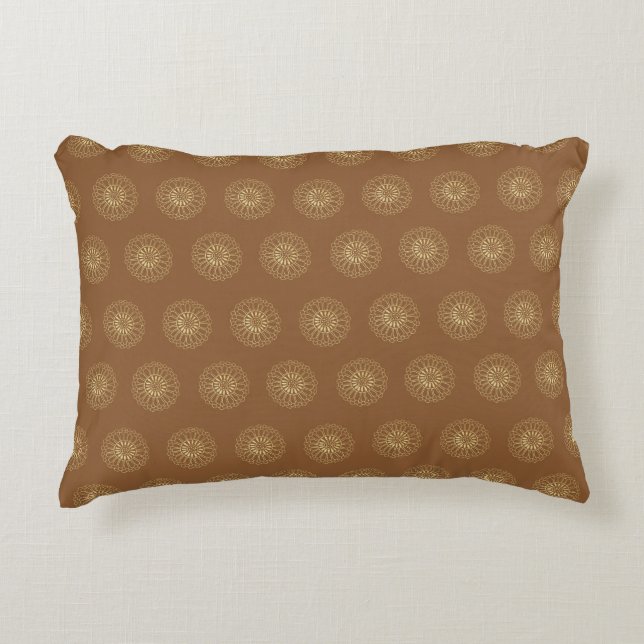 Mocha | Golden Zinnia Flower Medallions Accent Pillow (Front)