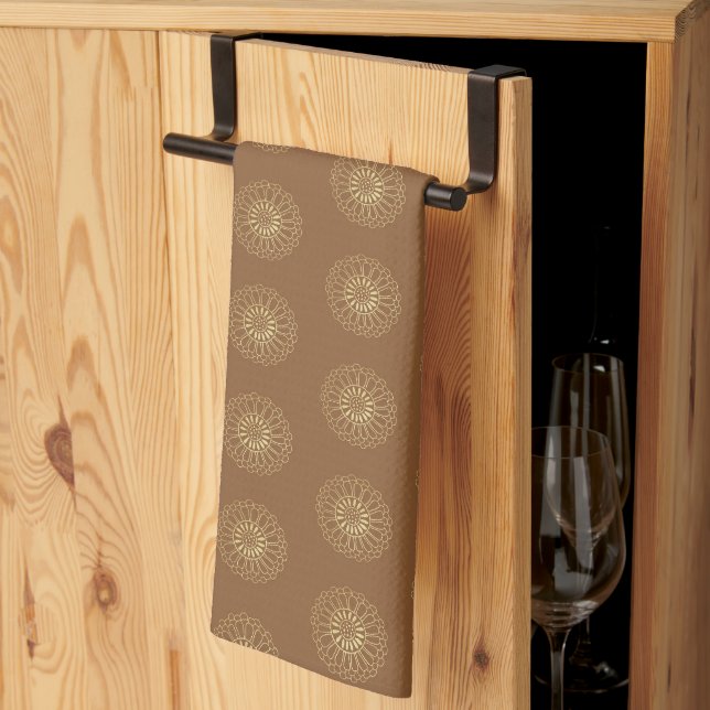 Mocha | Golden Zinnia Flower Medallions Kitchen Towel (Thirds Fold)