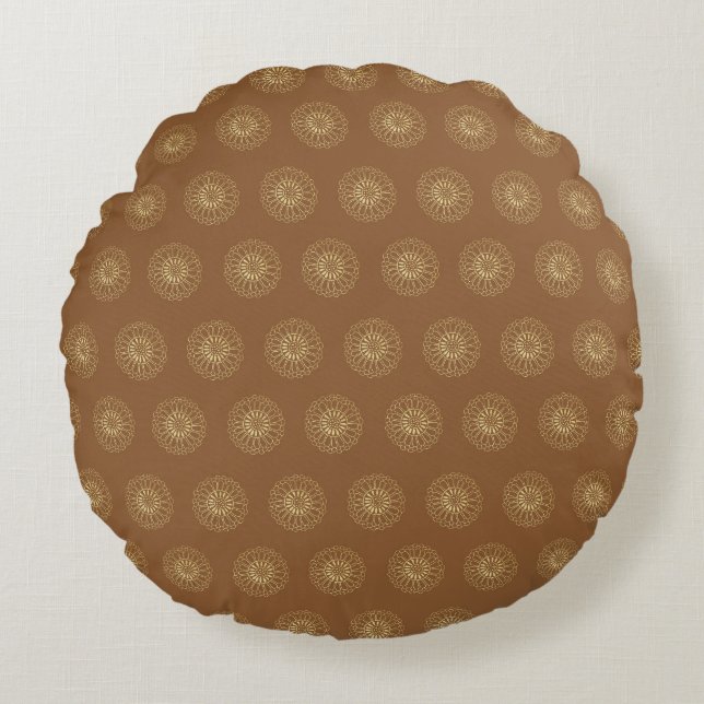 Mocha | Golden Zinnia Flower Medallions Round Pillow (Front)