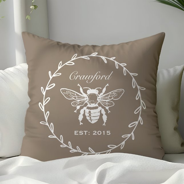 Mocha Honey Bee Laurel Honeycomb Monogram Throw Pillow (Creator Uploaded)