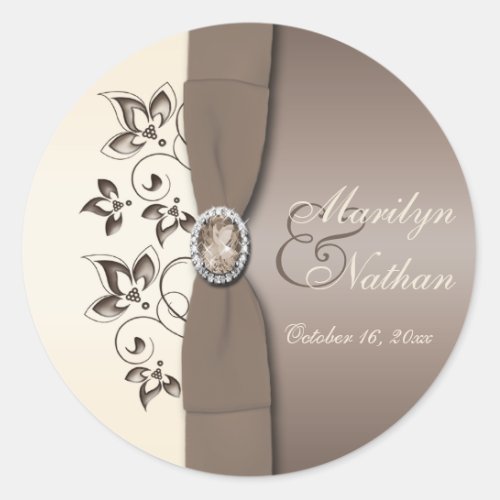 Mocha Ivory Floral Monogrammed 15 Round Sticker