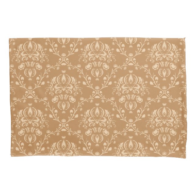 Mocha Latte Brown Damask Pillow Case (Front-Left)