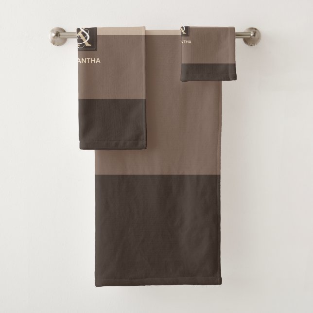 Mocha Latte Color Palette Stripes Monogram Bath Towel Set (Insitu)