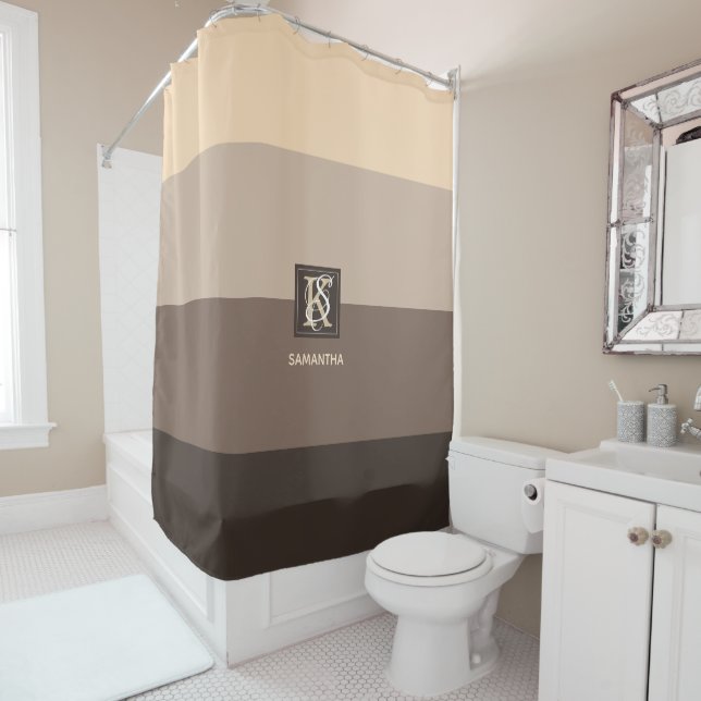 Mocha Latte Color Palette Stripes Monogram Shower Curtain (In Situ)