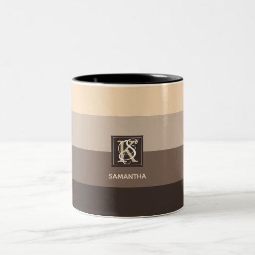 Mocha Latte Color Palette Stripes Monogram Two_Tone Coffee Mug