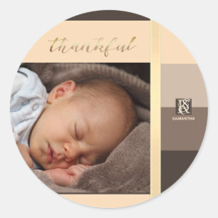 Mocha Latte Color Palette Stripes Photo Monogram Classic Round Sticker