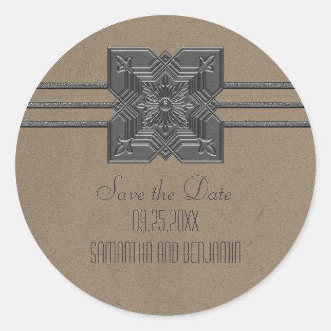 Mocha Medallion Border Save the Date Stickers (Front)