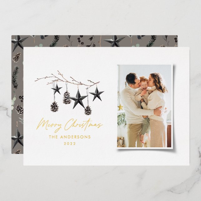 mocha modern scandi elegant script Christmas photo Foil Holiday Card (Front/Back)