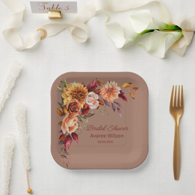 Mocha Mouse with Autumn Florals Shower Paper Plates (Wedding)