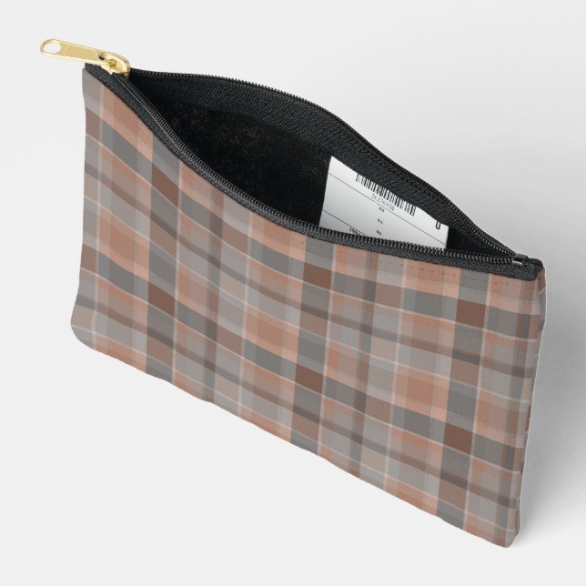 Mocha mousse and grey checkered accessory pouch (Open)