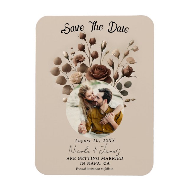 Mocha Mousse Beige Brown Floral Save The Date  Magnet (Vertical)