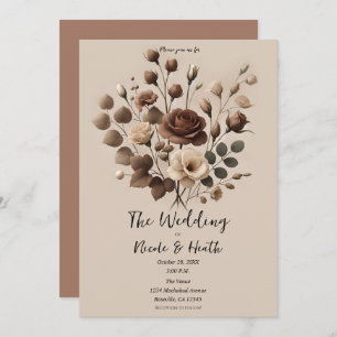 Mocha Mousse Beige Brown Floral Wedding Invitation