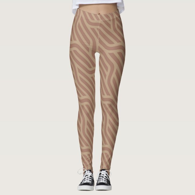 Mocha Mousse Brown Buffed Beige Wavy Line Pattern Leggings (Front)
