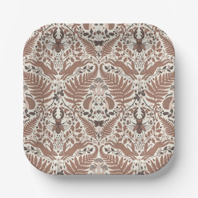 Mocha mousse forest/Woodland animals and plants Paper Plates (Front)