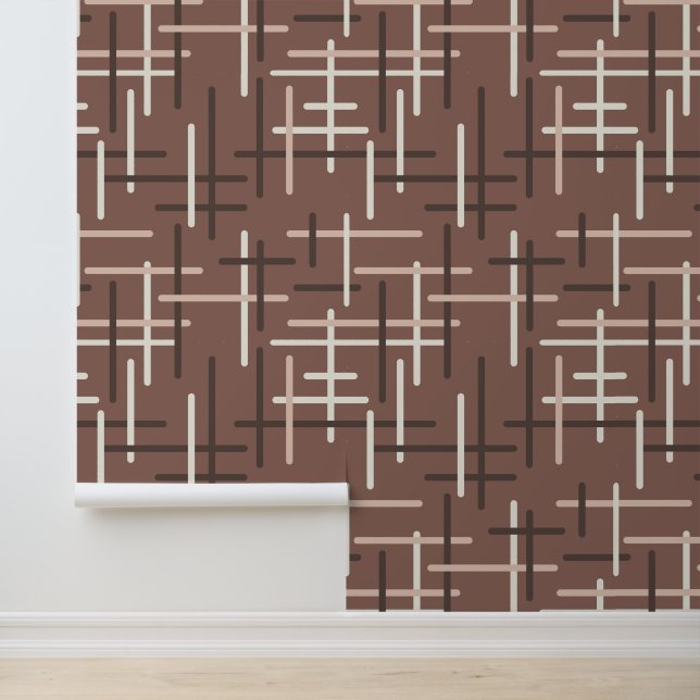 Mocha Mousse Geometric Line Art Midcentury Wallpaper (Application)