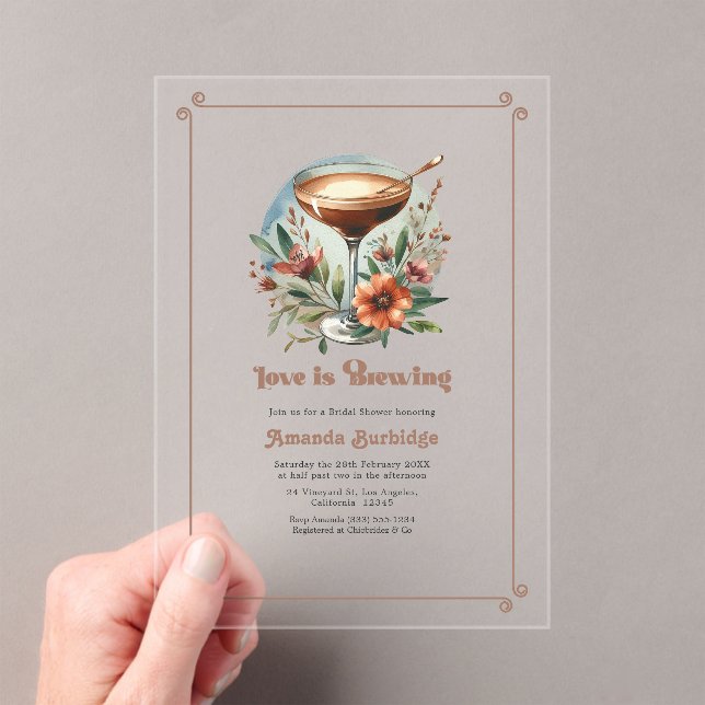 Mocha Mousse "Love is Brewing" Bridal Shower Acrylic Invitations (Insitu (Handheld))