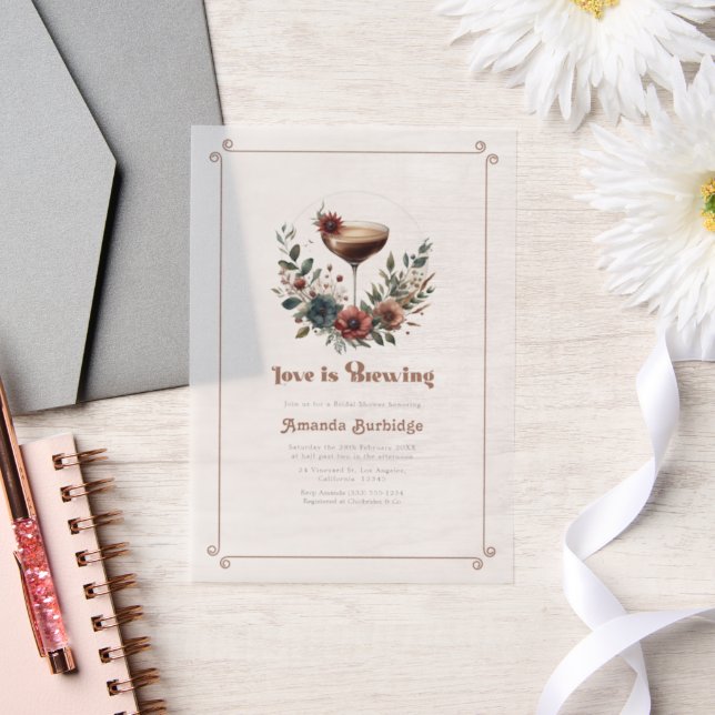 Mocha Mousse "Love is Brewing" Bridal Shower Photo Vellum Invitations (Wedding)