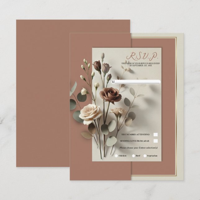 Mocha Mousse Modern Botanical Floral Wedding RSVP Invitation (Front/Back)