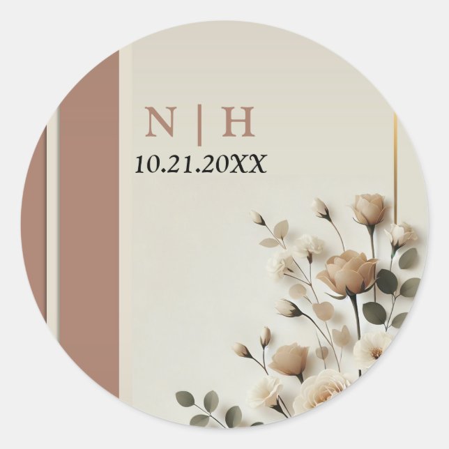 Mocha Mousse Neutral Floral Wedding Classic Round Sticker (Front)