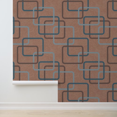 Mocha Mousse Teal Retro Geometric Squares Wallpaper