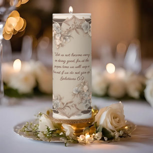 Mocha Peach Floral Frame Bible Verse Pillar Candle