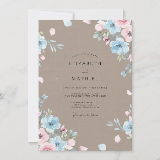 Mocha Periwinkle Painted Wedding Invitation (Front)