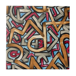 Mocha Red Gray Geometric-Hand Painted Abstract Art Ceramic Tile