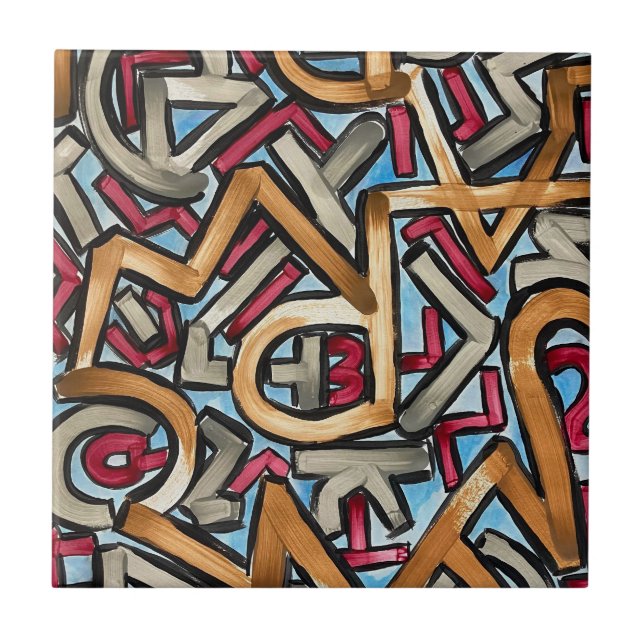 Mocha Red Gray Geometric-Hand Painted Abstract Art Ceramic Tile (Front)