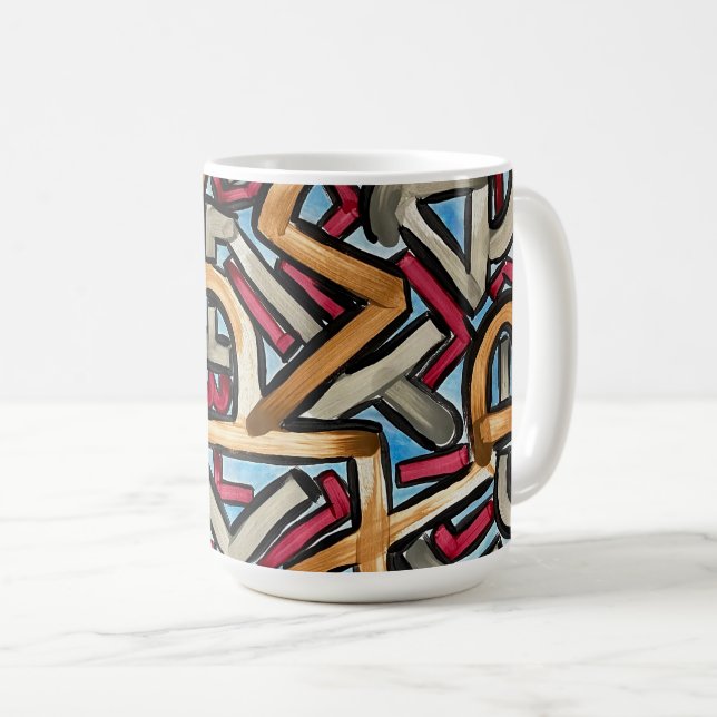 Mocha Red Gray Geometric-Hand Painted Abstract Art Coffee Mug (Front Right)
