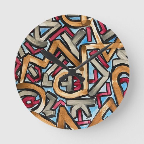 Mocha Red Gray Geometric-Hand Painted Abstract Art Round Clock