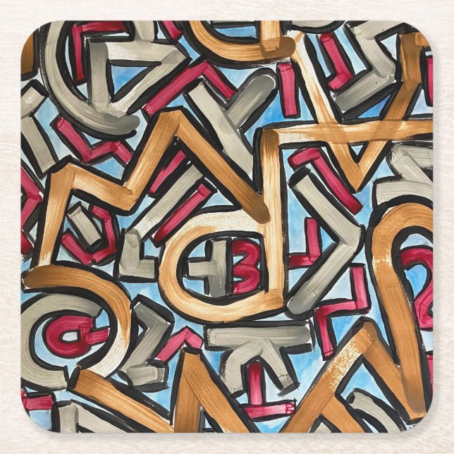 Mocha Red Gray Geometric-Hand Painted Abstract Art Square Paper Coaster (Front)