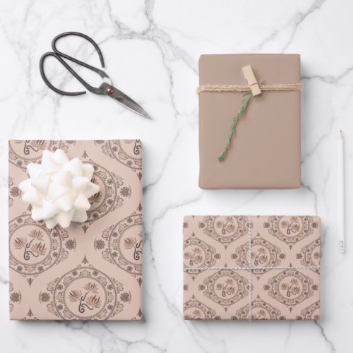 Mocha Rococo Revival Lotus Mandala Mid Mod Ogee Wrapping Paper Sheets