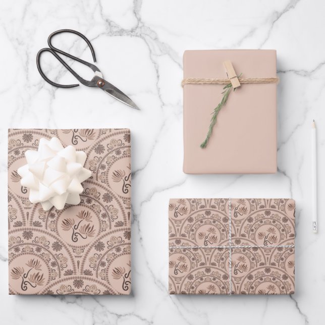 Mocha Rococo Revival Mandala Art Deco Scallop Wrapping Paper Sheets (Front)