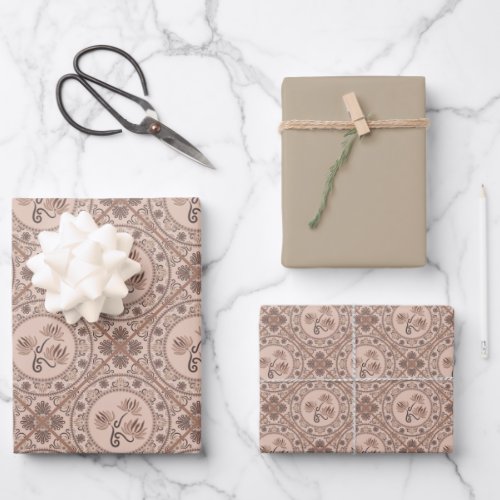 Mocha Rococo Revival Mandala Geo Diamond Tile Wrapping Paper Sheets