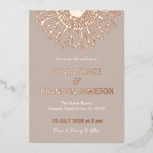 Mocha Rose Gold Sunflower Modern Floral Wedding Foil Invitation